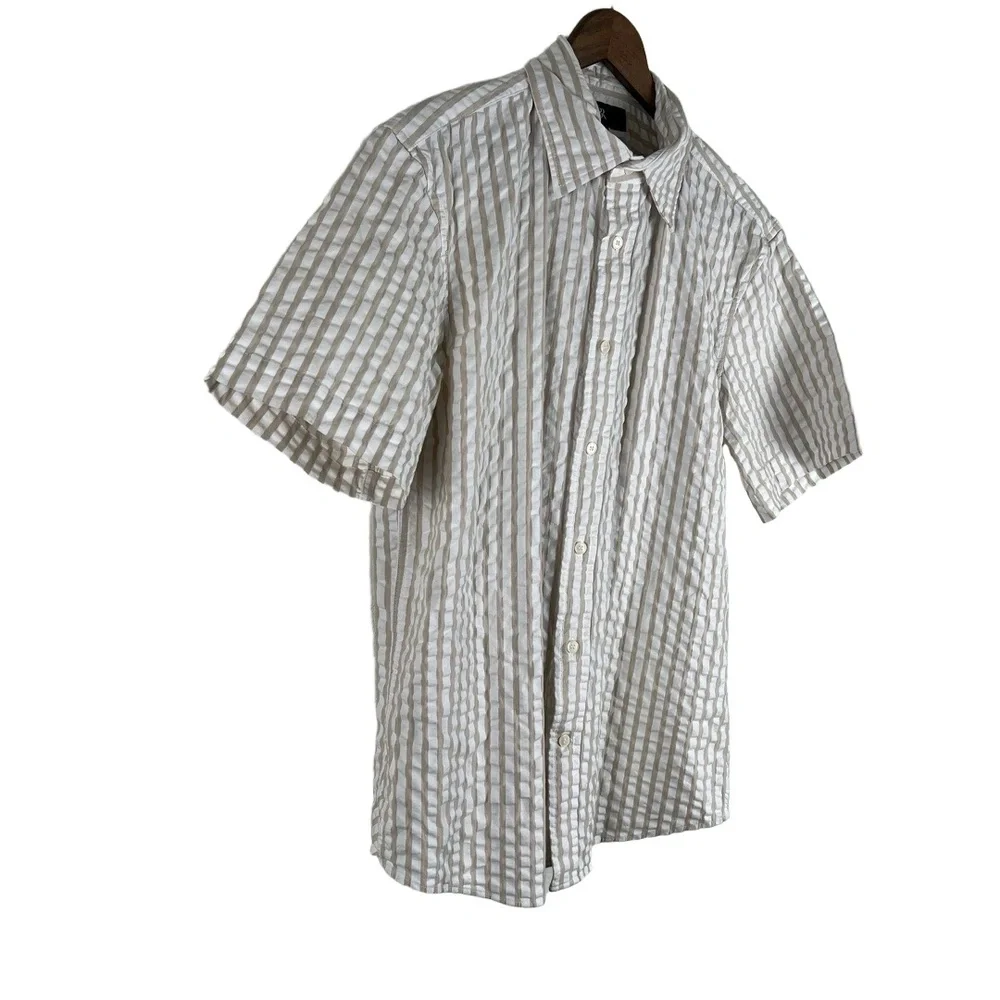 Banana Republic Shirt Medium Khaki White‎ Seersucker Camp Shirt Coastal Preppy